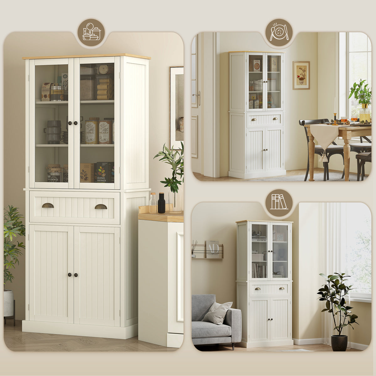 Buffet meuble cuisine rangement armoire de cuisine 4 portes dont 2 portes vitrées et 1 tiroir hauteur 182,5 cm avec étagères réglables - beige-7