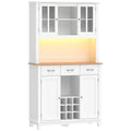 Buffet haut cuisine avec éclairage LED, vaisselier, 4 portes dont 2 en verre, tiroirs, porte-bouteilles, blanc-0