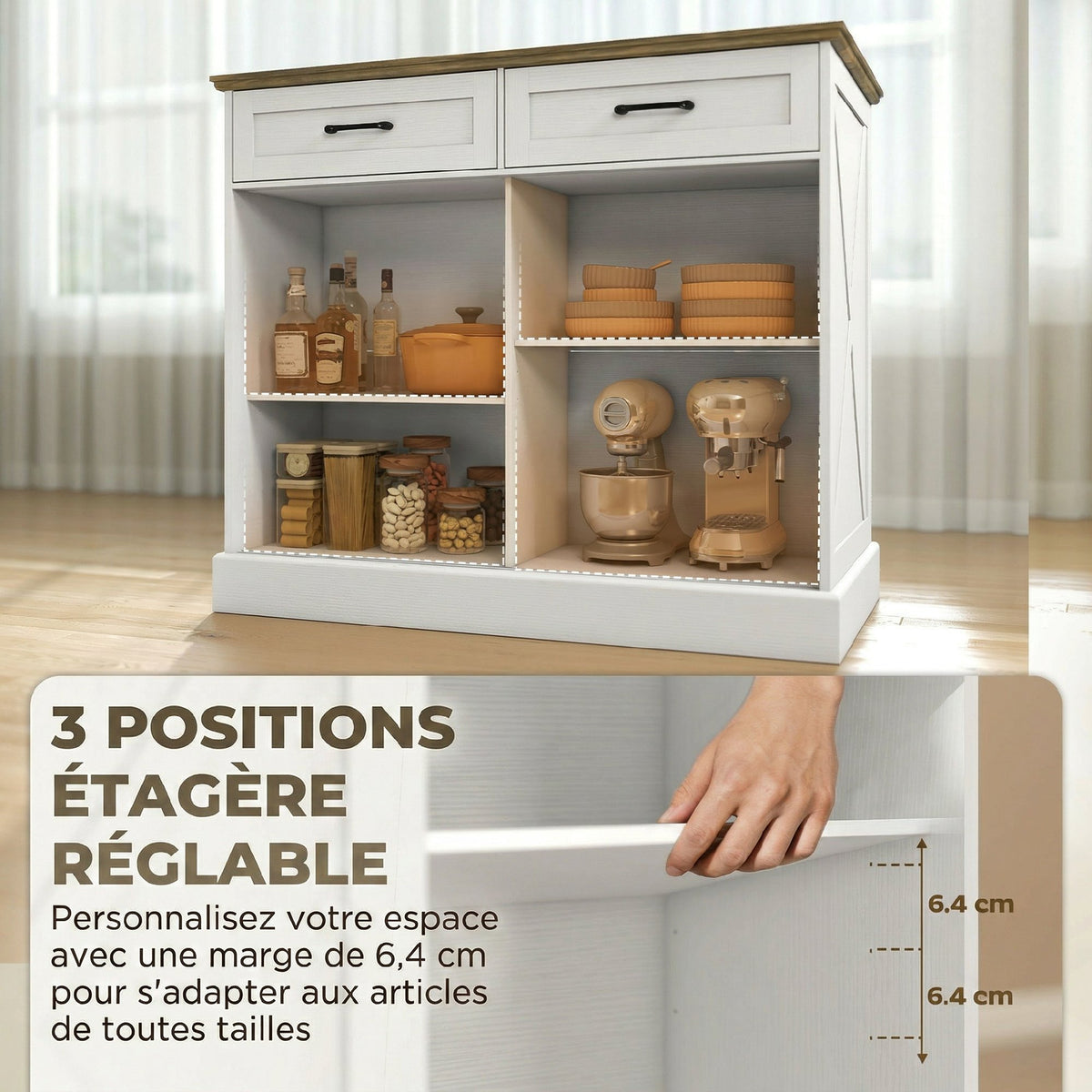 Îlot central cuisine, buffet cuisine, meuble de rangement avec 2 tiroirs 2 portes coulissantes, étagère réglable, blanc-5