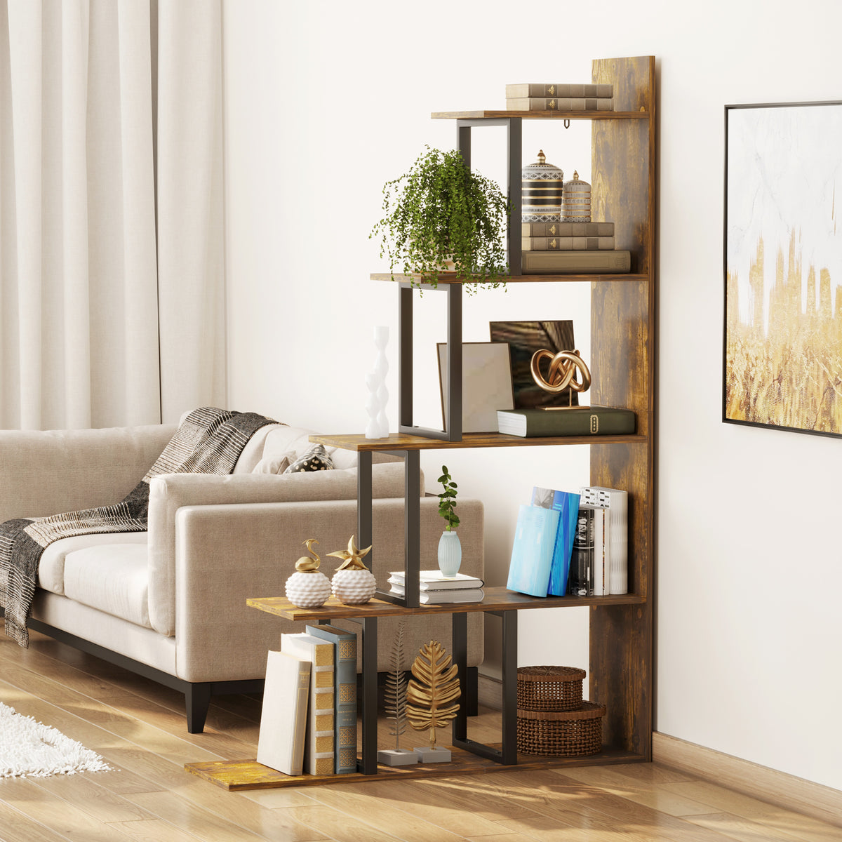 Étagère bibliothèque séparateur de pièce style industriel en escalier 5 étagères 102 x 30 x 160 cm, brun rustique-6