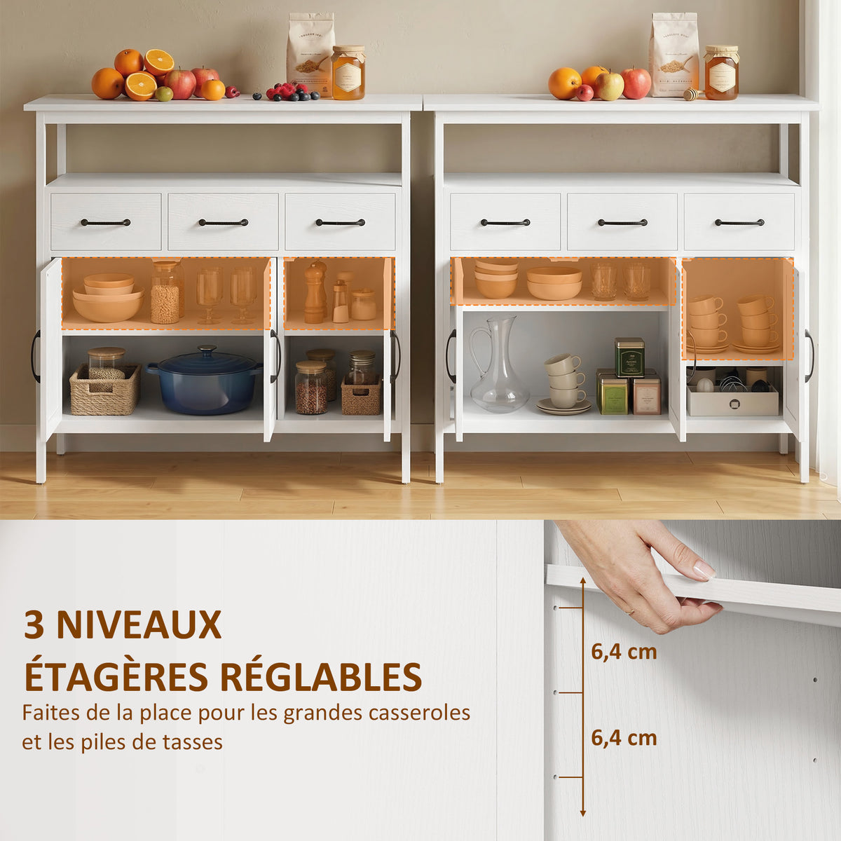 Buffet cuisine, meuble de rangement, 3 portes, 3 tiroirs, compartiment ouvert et étagères réglables, 95x35x88cm, blanc-4