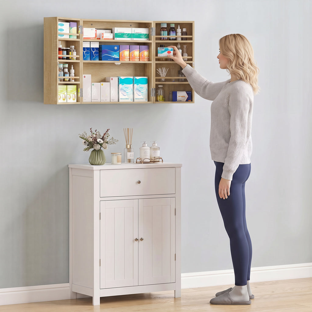 Armoire à pharmacie murale, armoire à médicaments avec double porte verrouillable 2 clés, 53x20x53cm, chêne-8