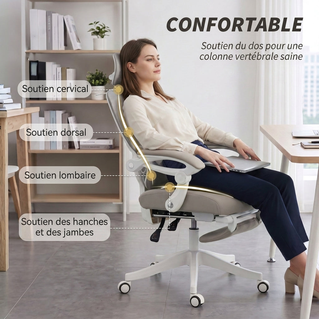 Chaise Bureau Ergonomique avec Appui-Tête Réglable, Fauteuil de Bureau Inclinable en Maille, Dossier Séparé, Gris-3