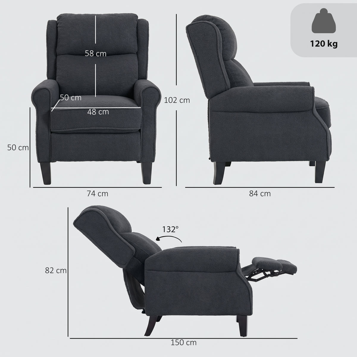 Fauteuil relax inclinable en polaire Teddy, fauteuil de relaxation avec repose-pieds extensible, assise rembourrée, gris-2
