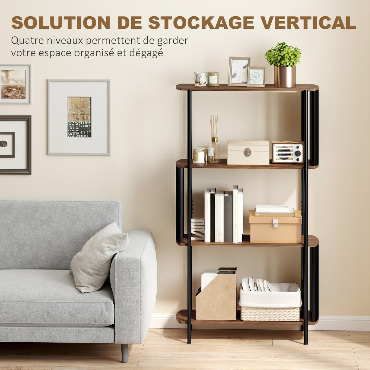 Étagère de rangement, bibliothèque à 4 niveaux avec panneaux latéraux incurvés, cadre en acier, 80x30x141cm, marron-3