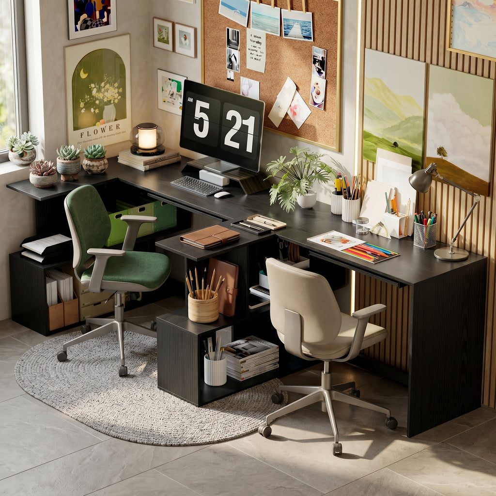 Bureau d'Angle, 120 x 100 x 76 cm, Bureau Informatique en L avec Plateau de Clavier, 4 Compartiments Ouverts, Noir-6