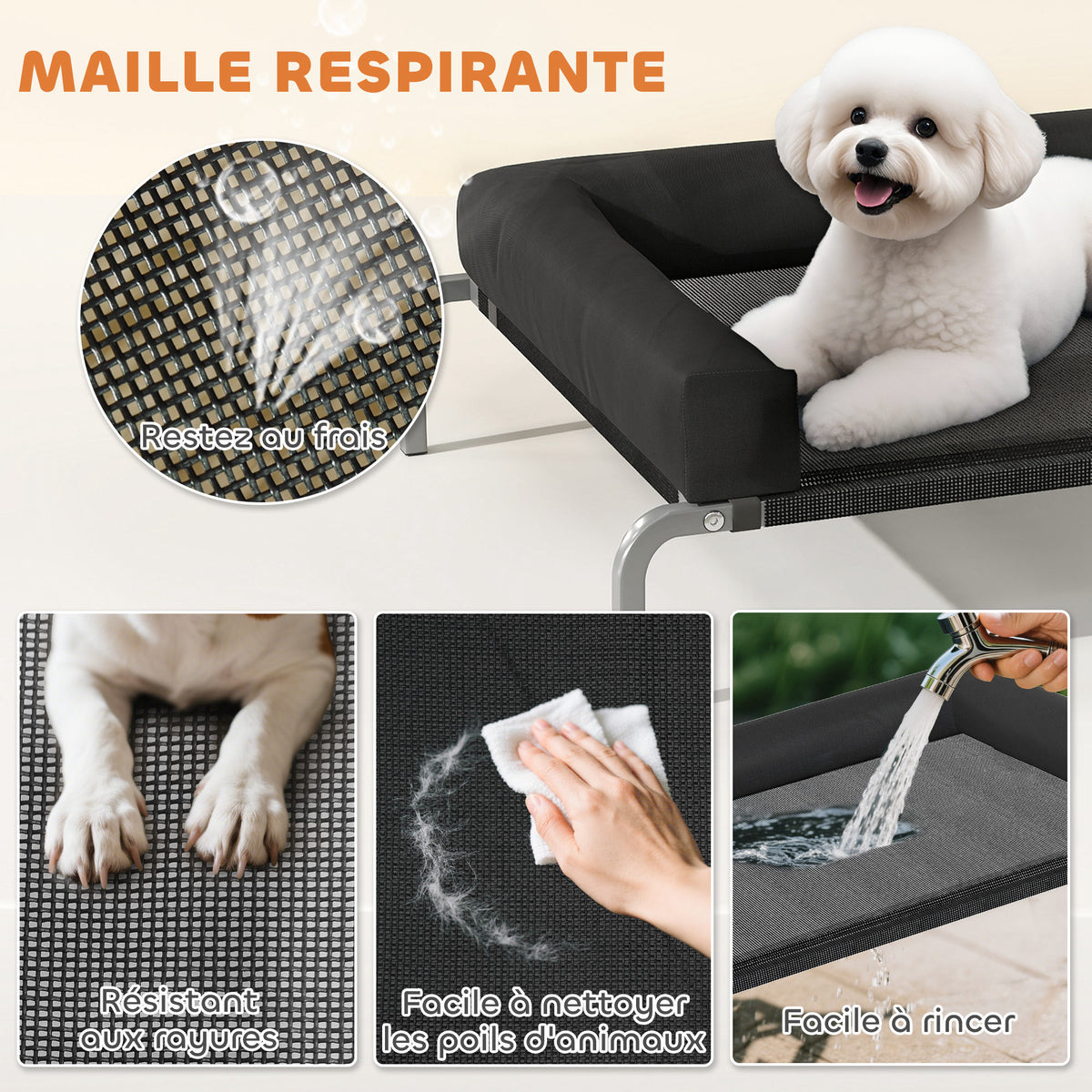 Lit surélevé pour chien rafraichissant, lit de camp pour chiens intérieur extérieur portable, 90 x 65 x 30 cm, noir-5