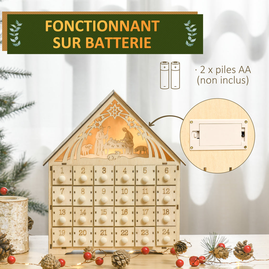 Calendario dell’Avvento in legno con 24 cassetti e presepe LED