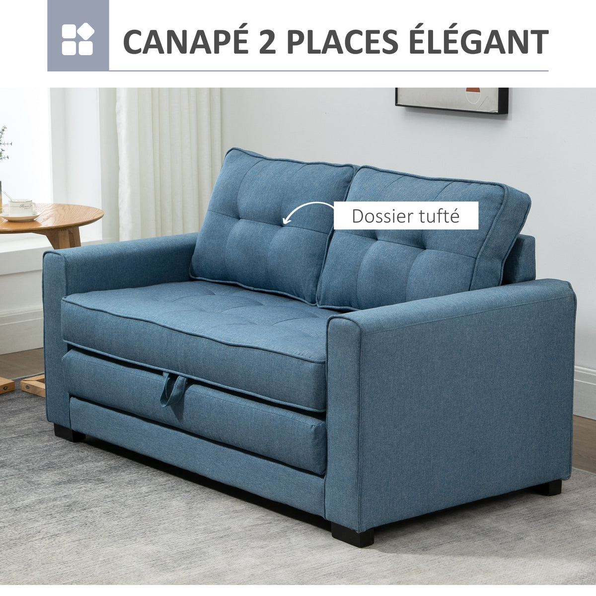 Canapé droit convertible 2 places - dossier capitonné - 147,5 x 75 x 85 cm - bleu-3