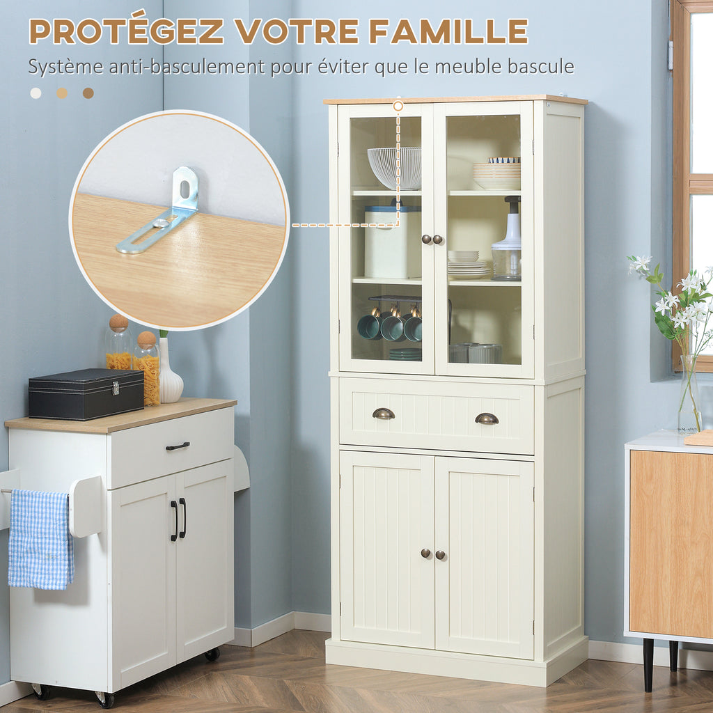 Buffet meuble cuisine rangement armoire de cuisine 4 portes dont 2 portes vitrées et 1 tiroir hauteur 182,5 cm avec étagères réglables - beige-6