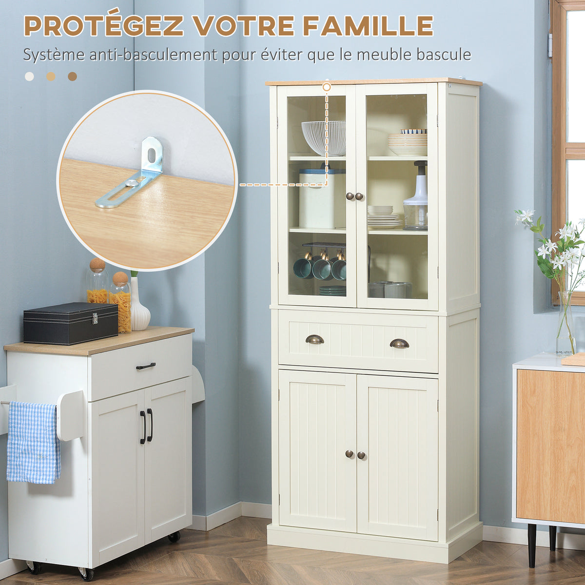 Buffet meuble cuisine rangement armoire de cuisine 4 portes dont 2 portes vitrées et 1 tiroir hauteur 182,5 cm avec étagères réglables - beige-6