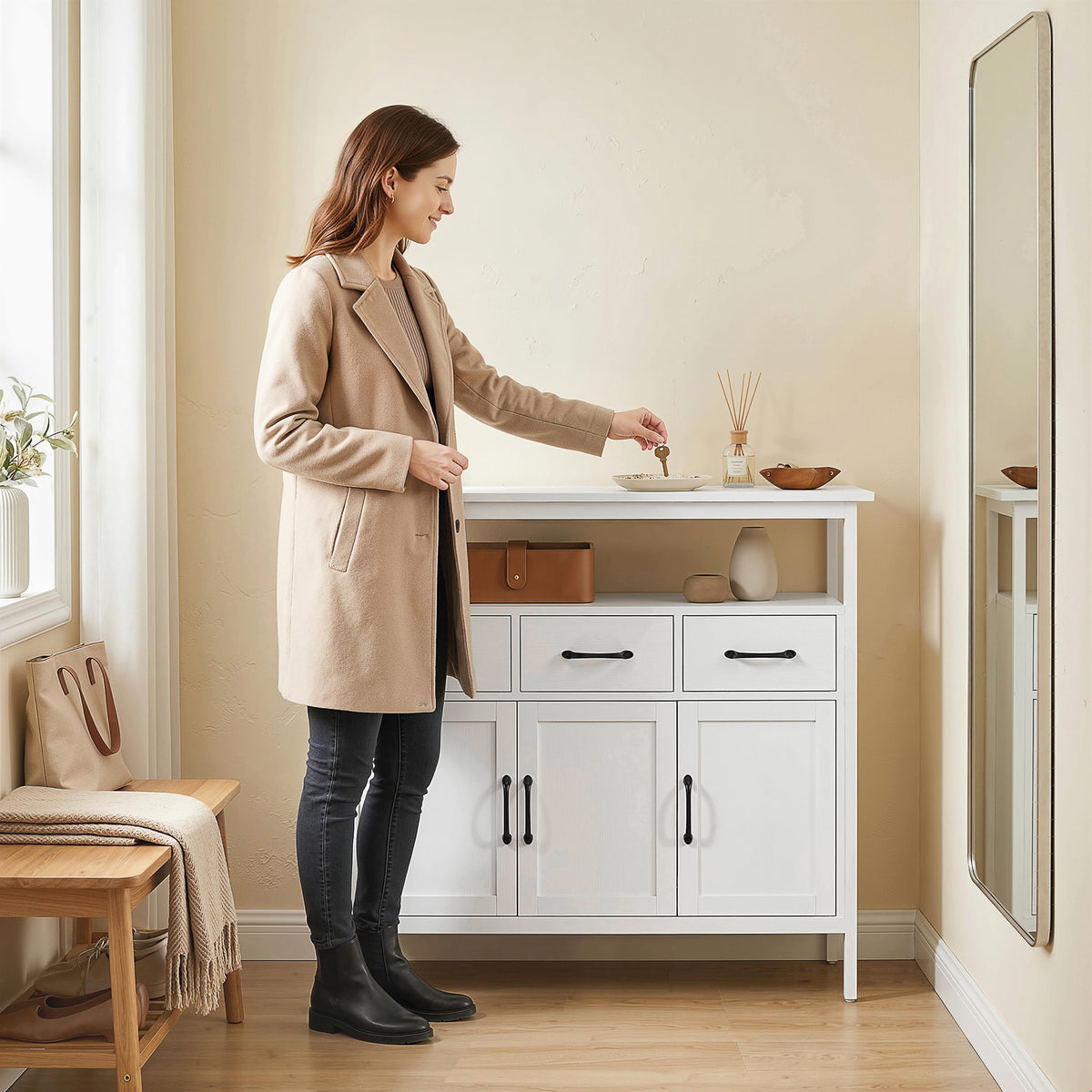 Buffet cuisine, meuble de rangement, 3 portes, 3 tiroirs, compartiment ouvert et étagères réglables, 95x35x88cm, blanc-8