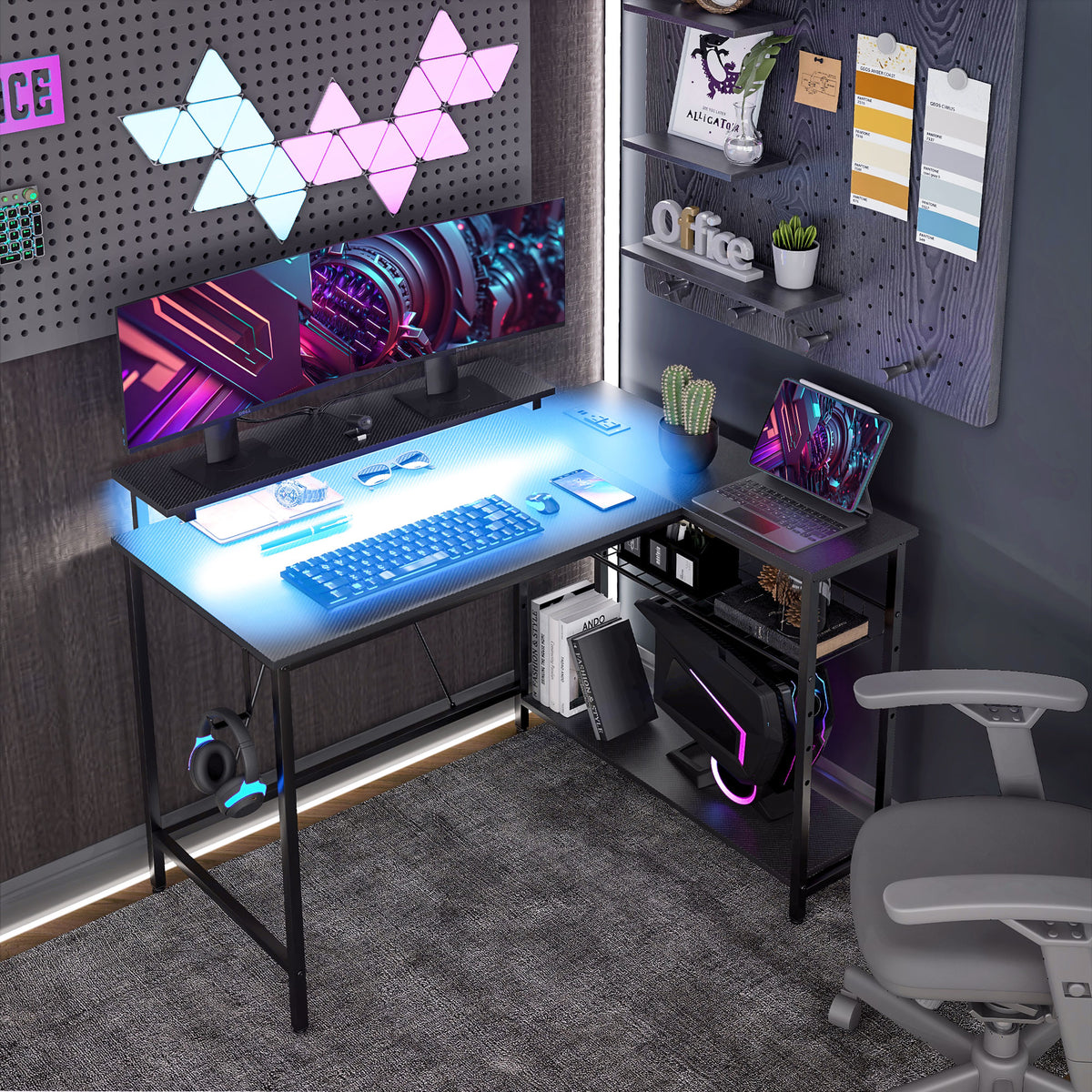 Bureau d'angle réversible, bureau d'ordinateur avec LED, 2 prises et 2 ports USB et panier réglable, 107x80x90cm, noir-9