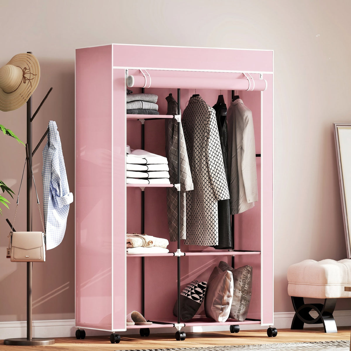 Armoire penderie en tissu meuble de rangement 6 roulettes tringle à vêtements et étagères ouvertes 103x43x162,5cm rose-7
