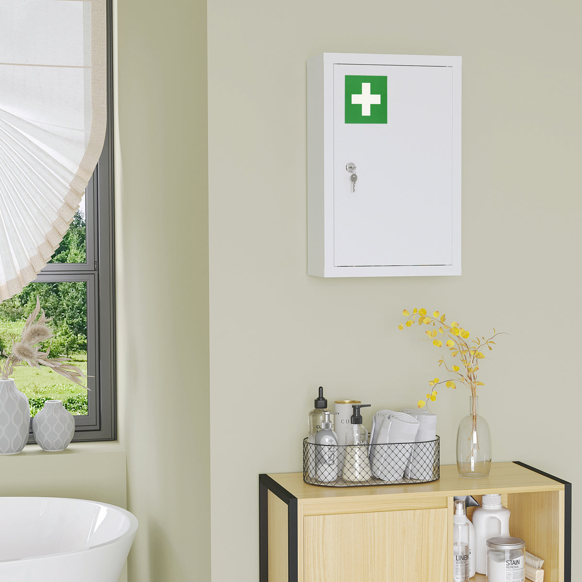 Armoire à pharmacie murale en acier, armoire à médicaments à 3 niveaux porte verrouillable 2 clés, 30x14x46cm, blanc-6
