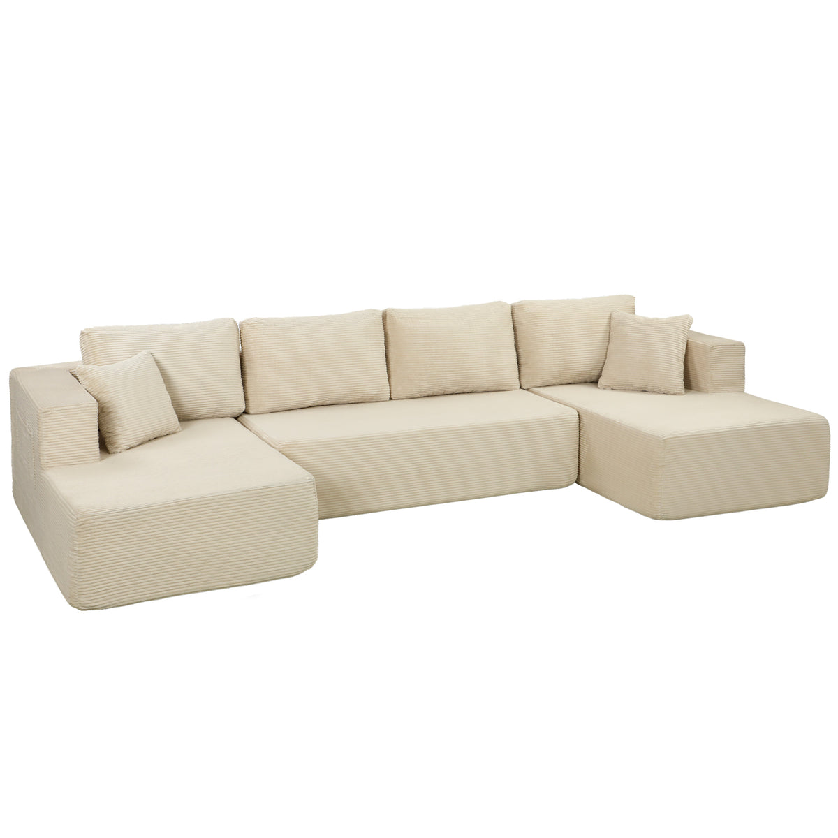 Canapé Modulaire en U Compressé 337 cm, Canapé Convertible 4 places en Velours Côtelé, Assise Large, Crème-0