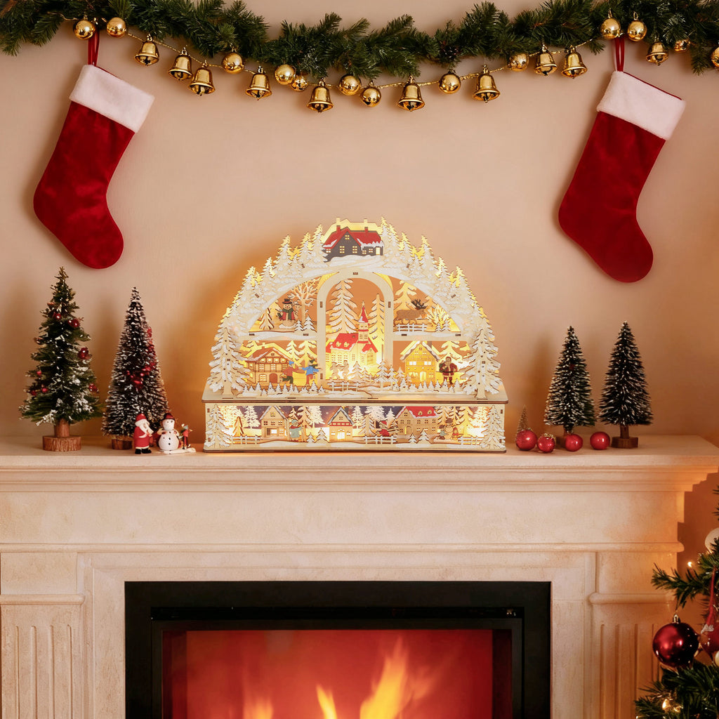 Villaggio di Natale ad arco in legno con 20 LED, 45 × 10 × 35 cm