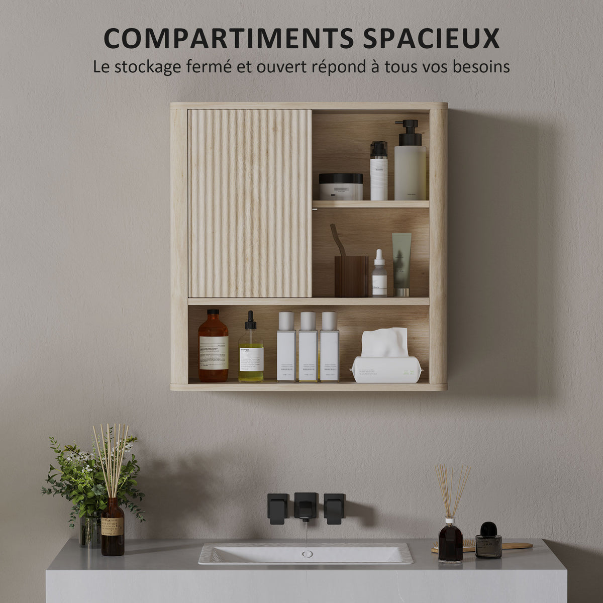 Armoire murale salle de bain avec étagères réglables, porte coulissante et étagères ouvertes, bois naturel-3