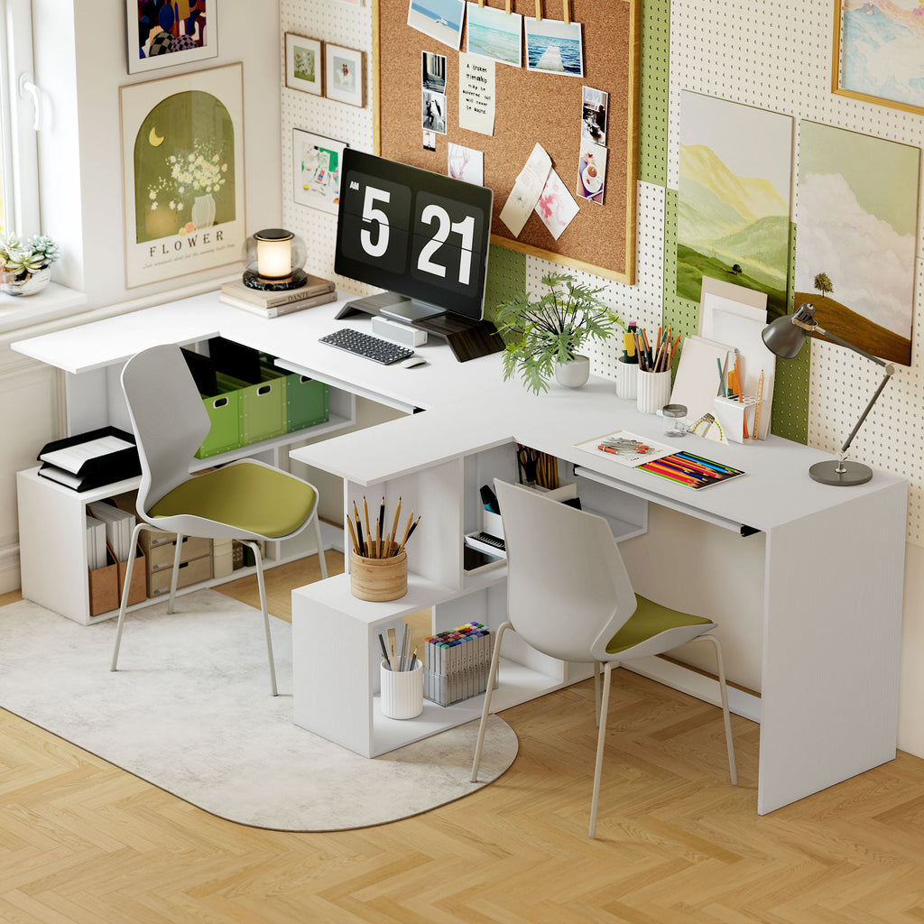 Bureau d'angle bureau en L avec étagères de rangement, plateau à clavier coulissant, 120x100x76cm, blanc-6