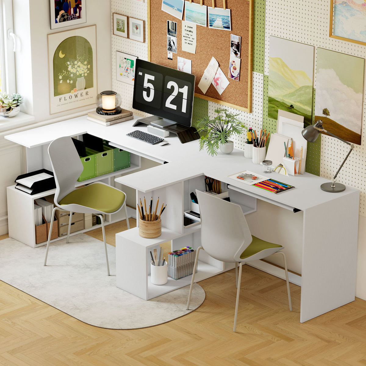 Bureau d'angle bureau en L avec étagères de rangement, plateau à clavier coulissant, 120x100x76cm, blanc-6
