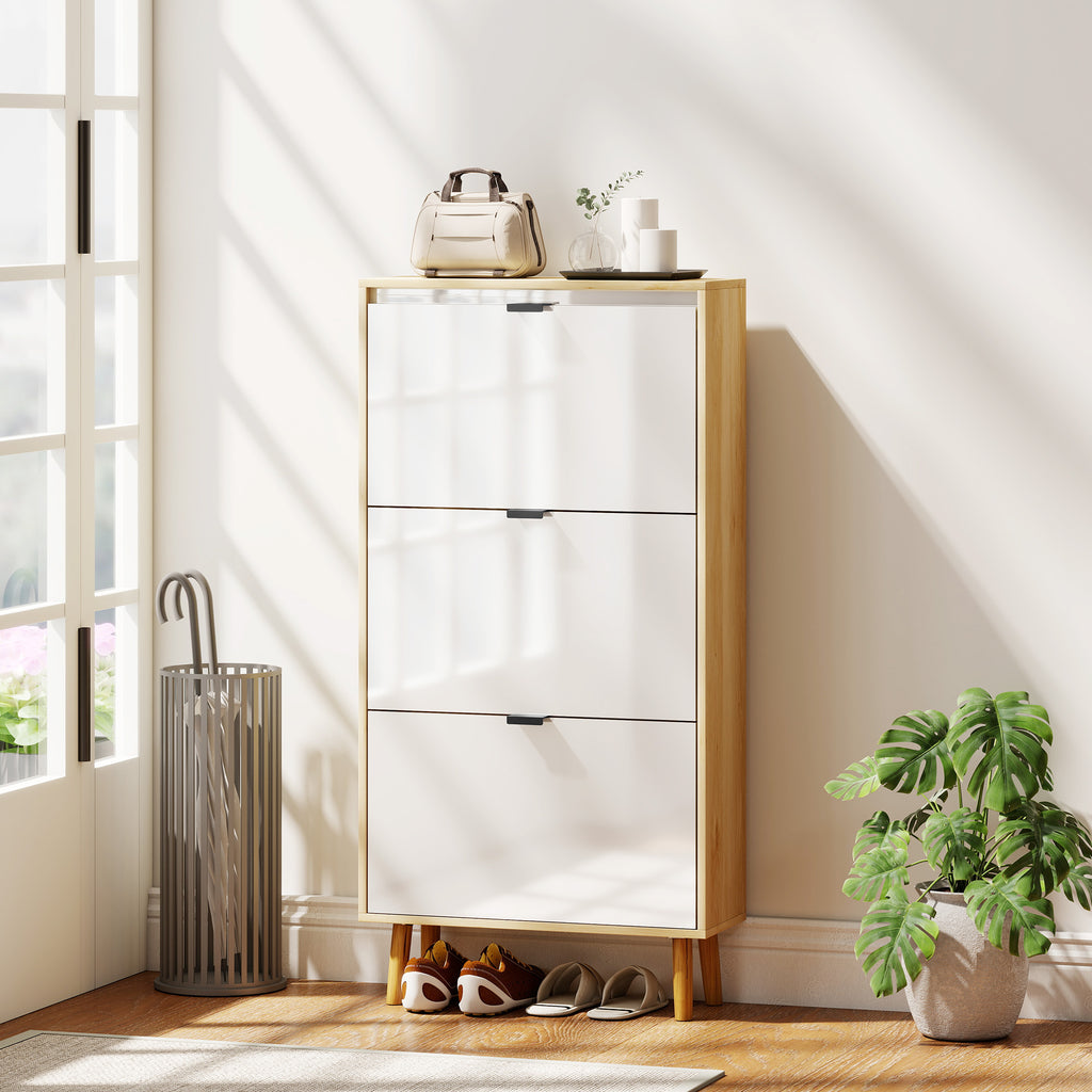 Meuble à chaussures, armoire à chaussures étroite, 3 tiroirs rabattables, porte haute brillante, 60x24x127cm, blanc-9