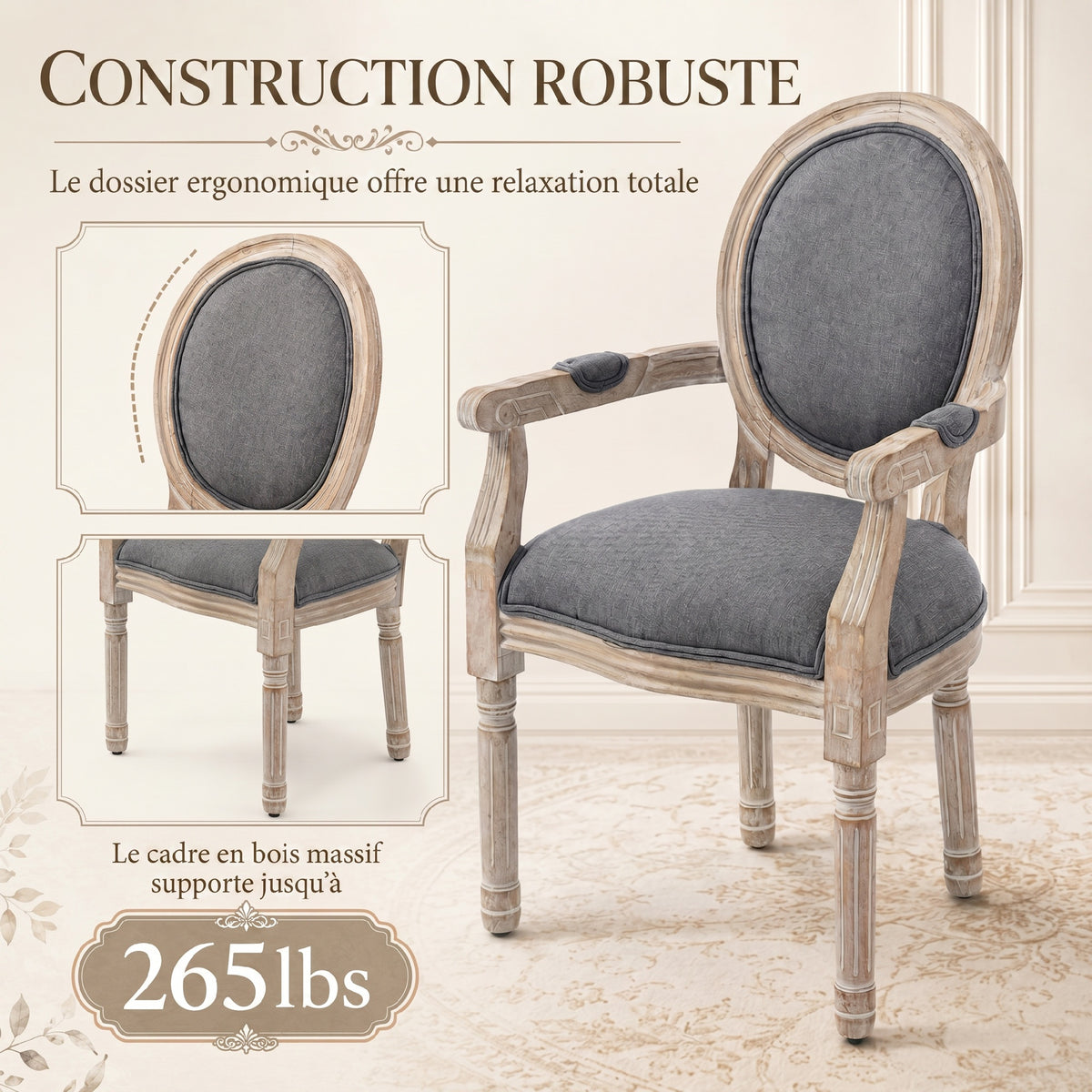 Chaise de Salle à Manger Chaise de Salon médaillon Style Louis XVI Bois Massif patiné sculpté Tissu Lin Gris-6