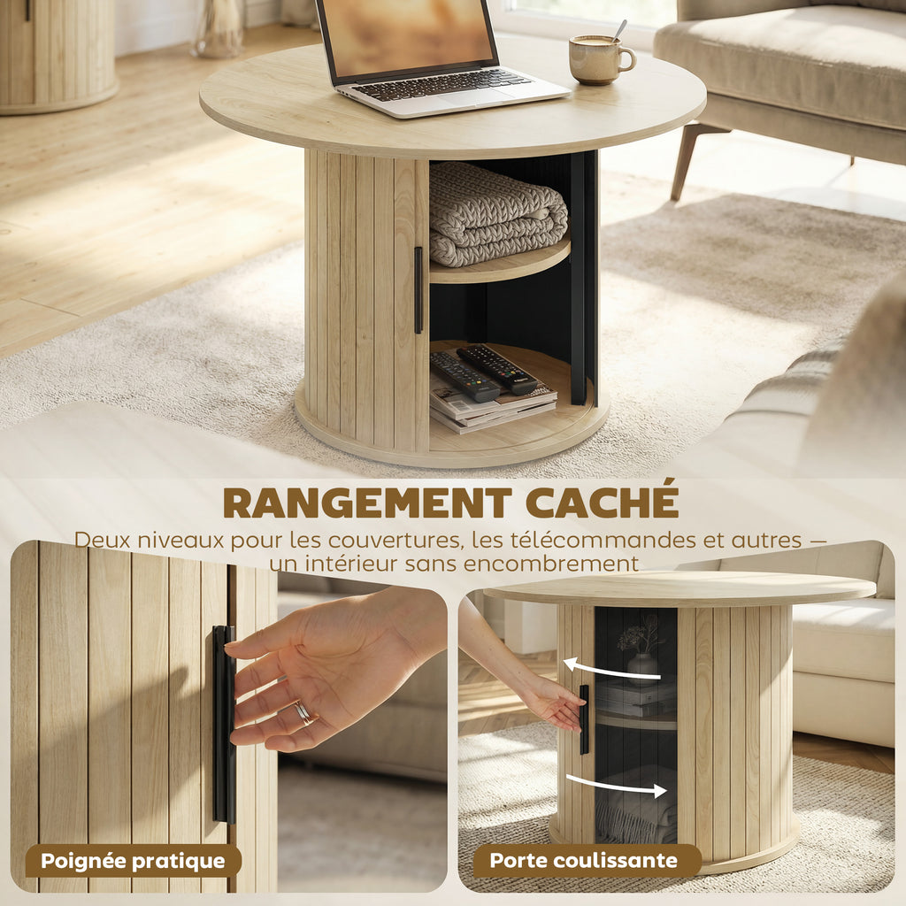 Table basse ronde, table de salon avec rangement, porte coulissante à lattes, 2 étagères, effet bois naturel-4