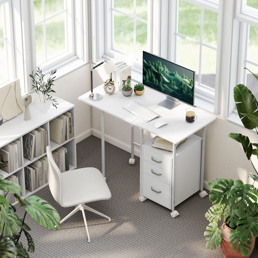Bureau d'ordinateur pliable sur roulettes, bureau avec rangement, 3 tiroirs, plateau extensible, 105x51x75,5cm, blanc-9