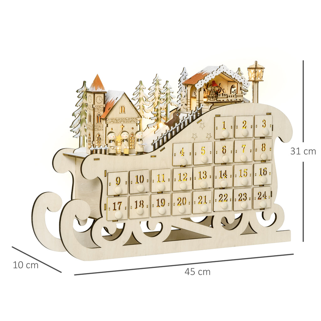 Calendario dell’Avvento di Natale in legno a slitta con 24 cassetti e 10 LED