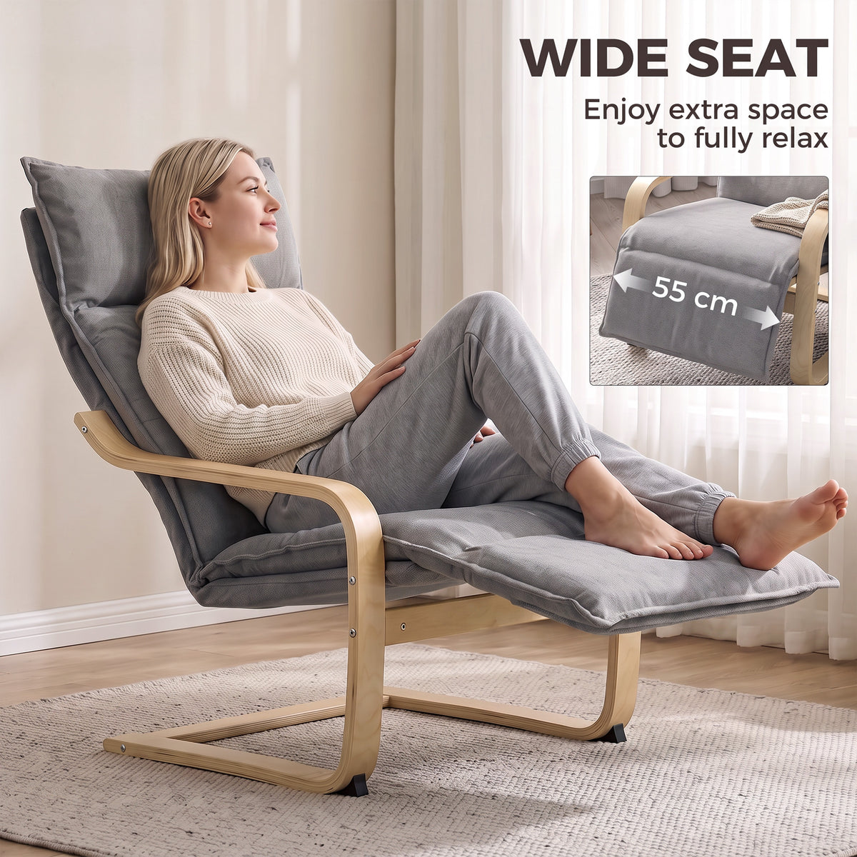 Fauteuil Salon, Fauteuil d'Appoint Rembourré en Lin avec Repose-Pieds, Assise Large, Bascule Douce, Dossier Haut, Gris-7