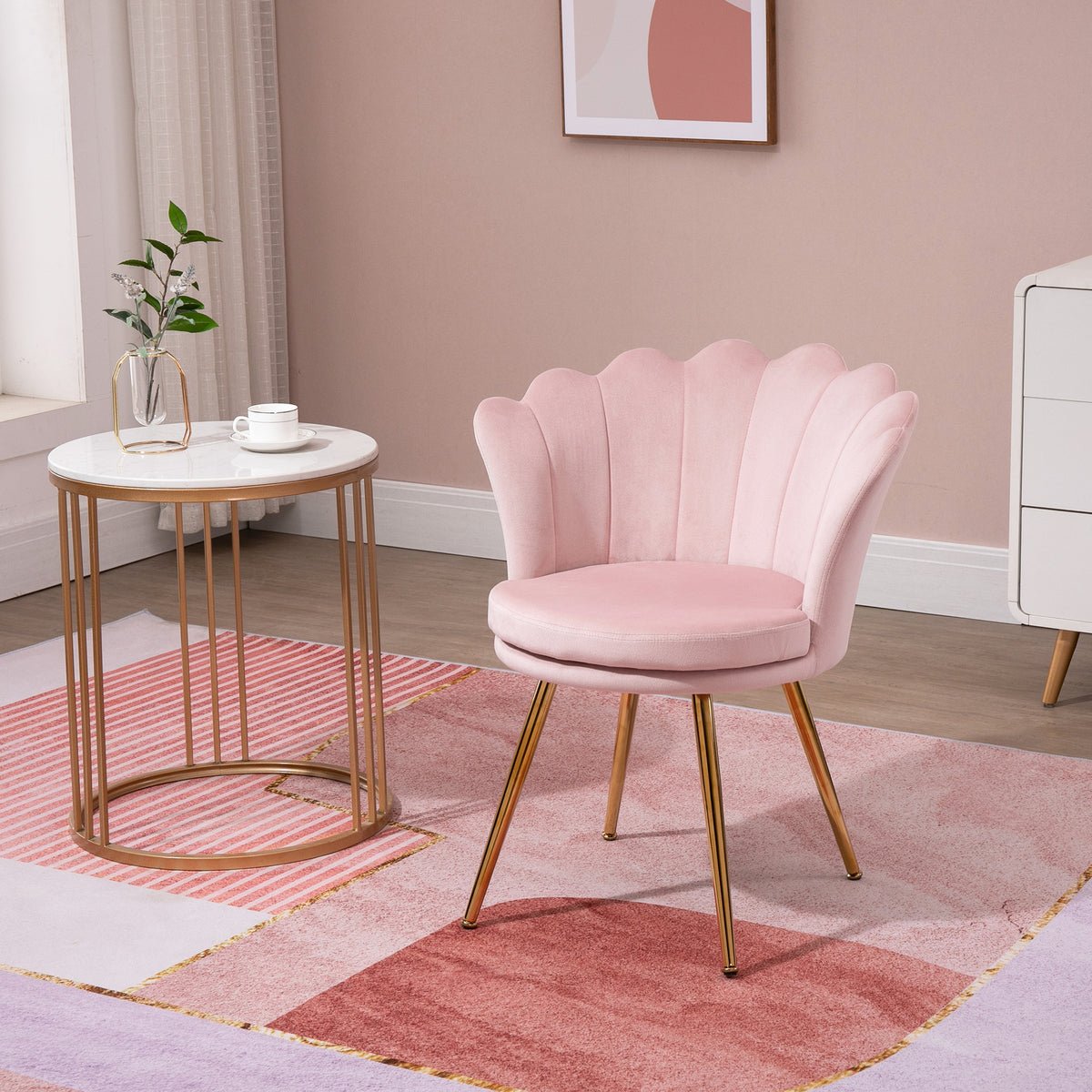 Lot de 2 fauteuil coquillage Fauteuil rose Fauteuil de salon Chaise en velours pieds métal dorés effilés dim. 67l x 64P x 77H cm rose-1
