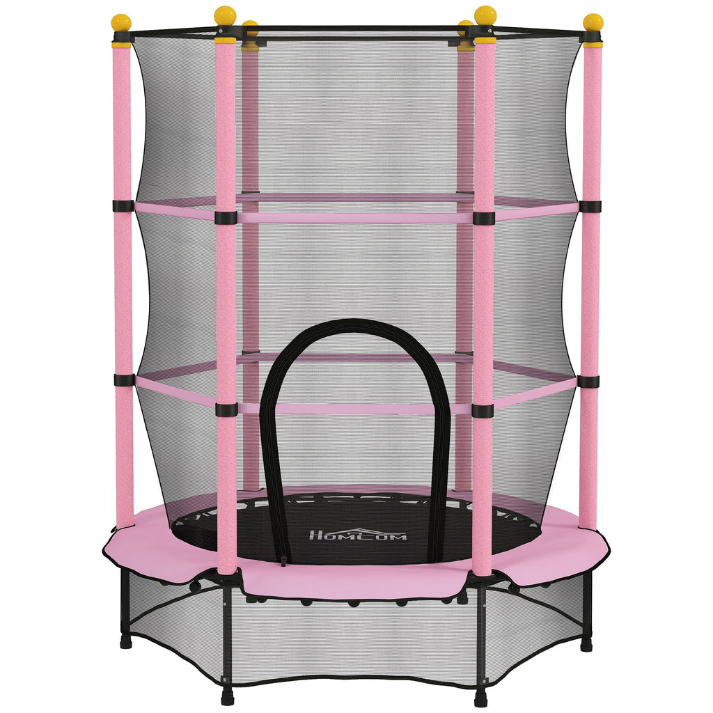 Trampoline Enfant Ø 1,40 × 1,90H m Filet de sécurité Porte zipée Couvre-Ressorts 6 poteaux rembourrés Inclus Rose-0