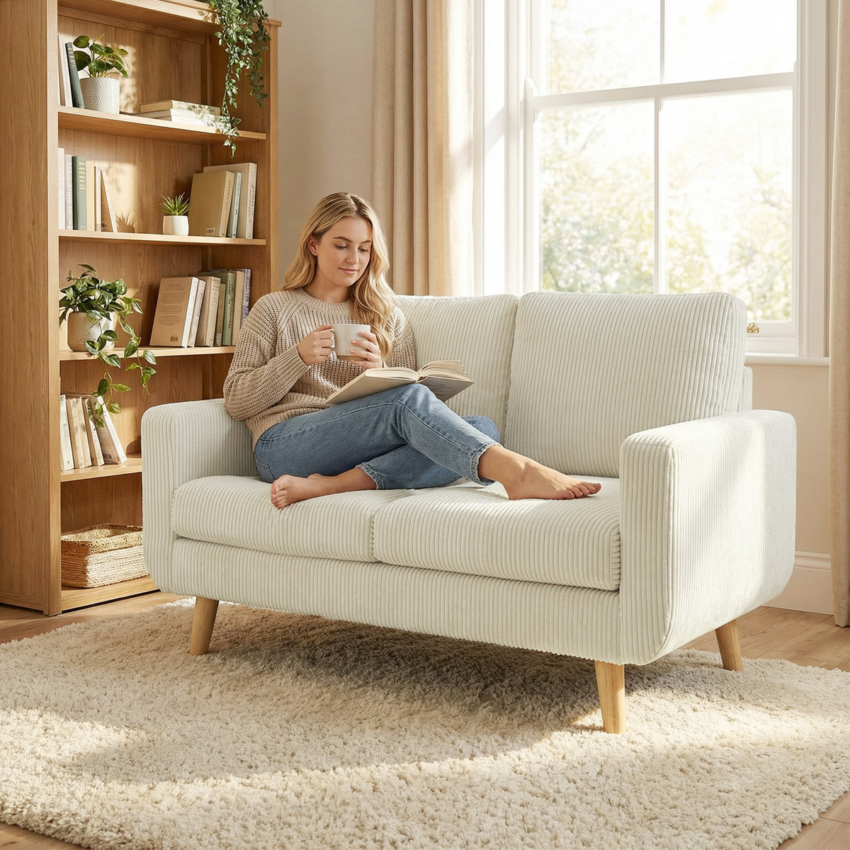 Canapé 2 places en velours côtelé, canapé de salon moderne 134 cm, assise rembourrée, coussin à ressorts, crème-8