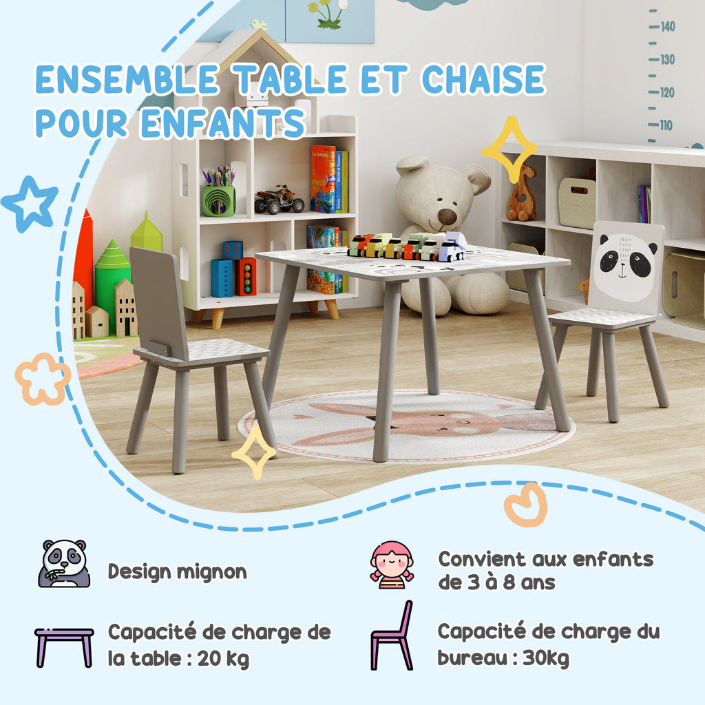 Ensemble table et chaises pour enfants, table pour enfant avec 2 chaises, motif animaux pour chambre à coucher gris-6