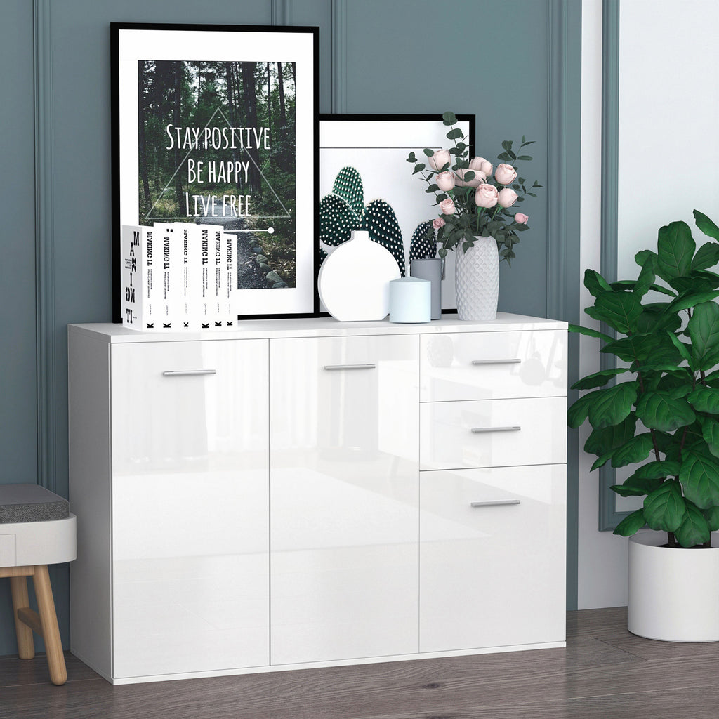 Buffet salon à haut brillance, meuble de rangement avec 2 tiroirs, 3 portes et étagère réglable, style contemporain, buffet salle à manger et cuisine, 106 x 35 x 76 cm, blanc-1