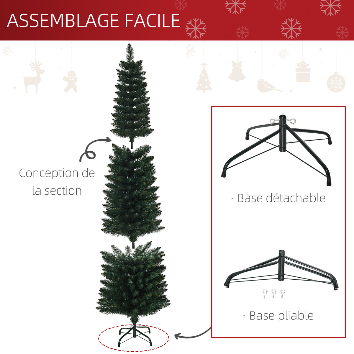Albero di Natale slim 180 cm con 380 rami e base pieghevole, verde