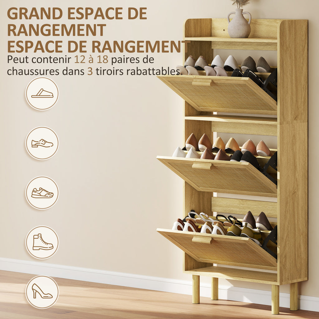 Meuble à chaussures 18 paires, armoire à chaussures étroite avec 3 tiroirs rabattables, étagères réglables, chêne-4