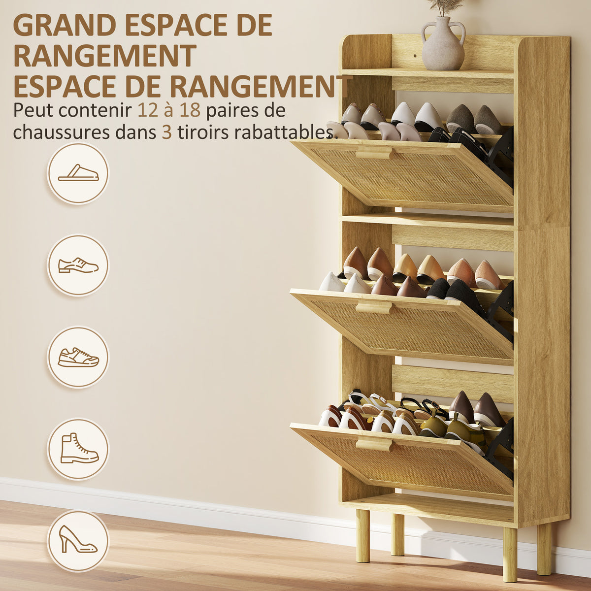 Meuble à chaussures 18 paires, armoire à chaussures étroite avec 3 tiroirs rabattables, étagères réglables, chêne-4