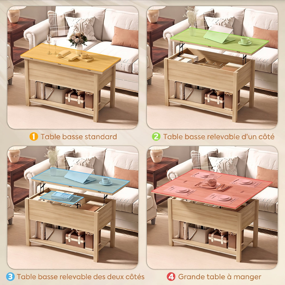 Table basse relevable et extensible table de salon avec compartiment caché étagère ouverte 100x45x50,5cm bois naturel-3