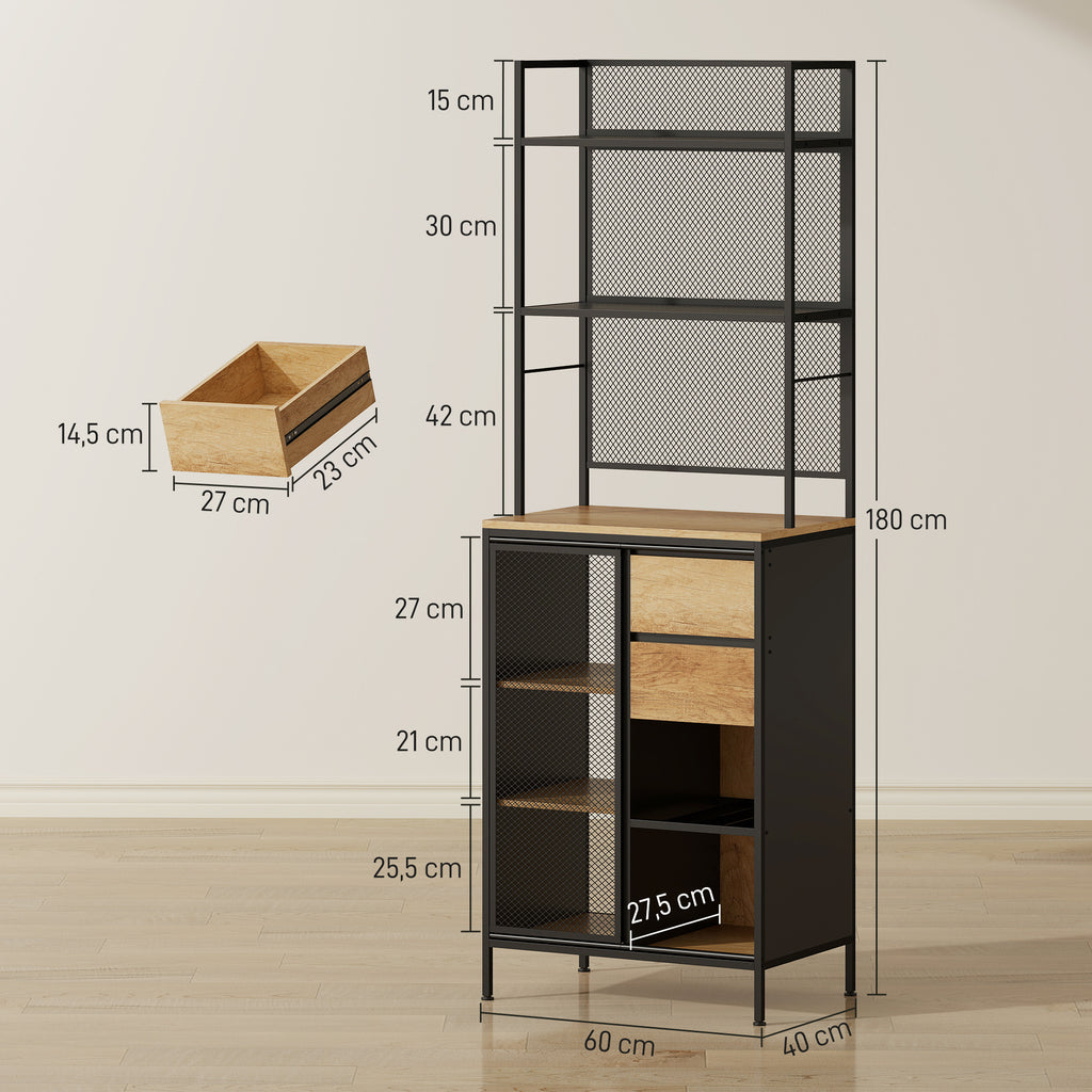Buffet, armoire de cuisine, plan de travail, porte coulissante, tiroirs et étagères ouvertes, 60x40x180cm, bois naturel-2