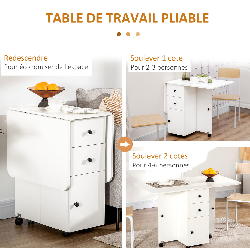 Table de cuisine pliable table à manger pliante 2 plateaux rabattables avec 2 tiroirs 1 placard blanc-4