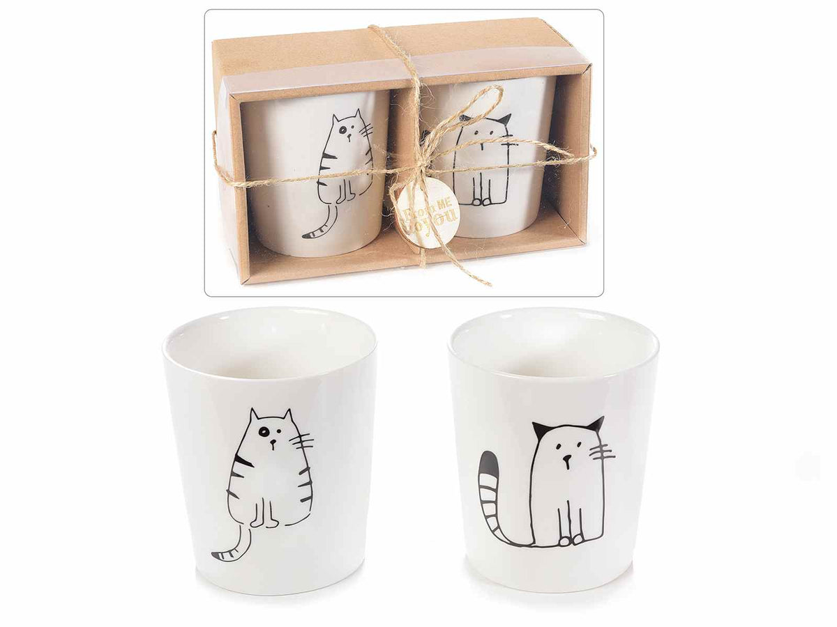 SCATOLA REGALO 2 BICCHIERI PORCELLANA DECORO GATTO