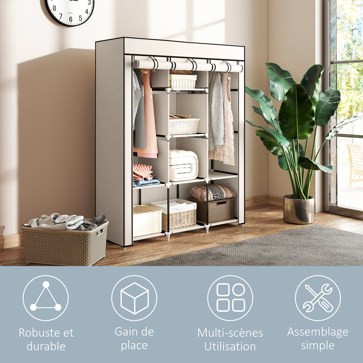 Armoire penderie multi-rangement - 8 étagères, 2 barres - non tissé crème-5