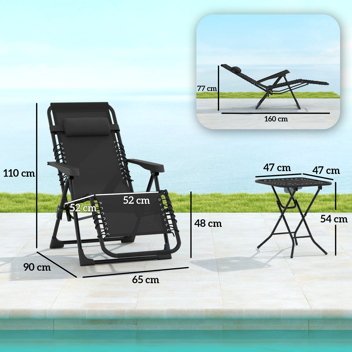 Lot de 2 chaise longue pliable et inclinable avec table d'appoint, porte-gobelets et appuie-têtes, charge 120 kg, noir-2