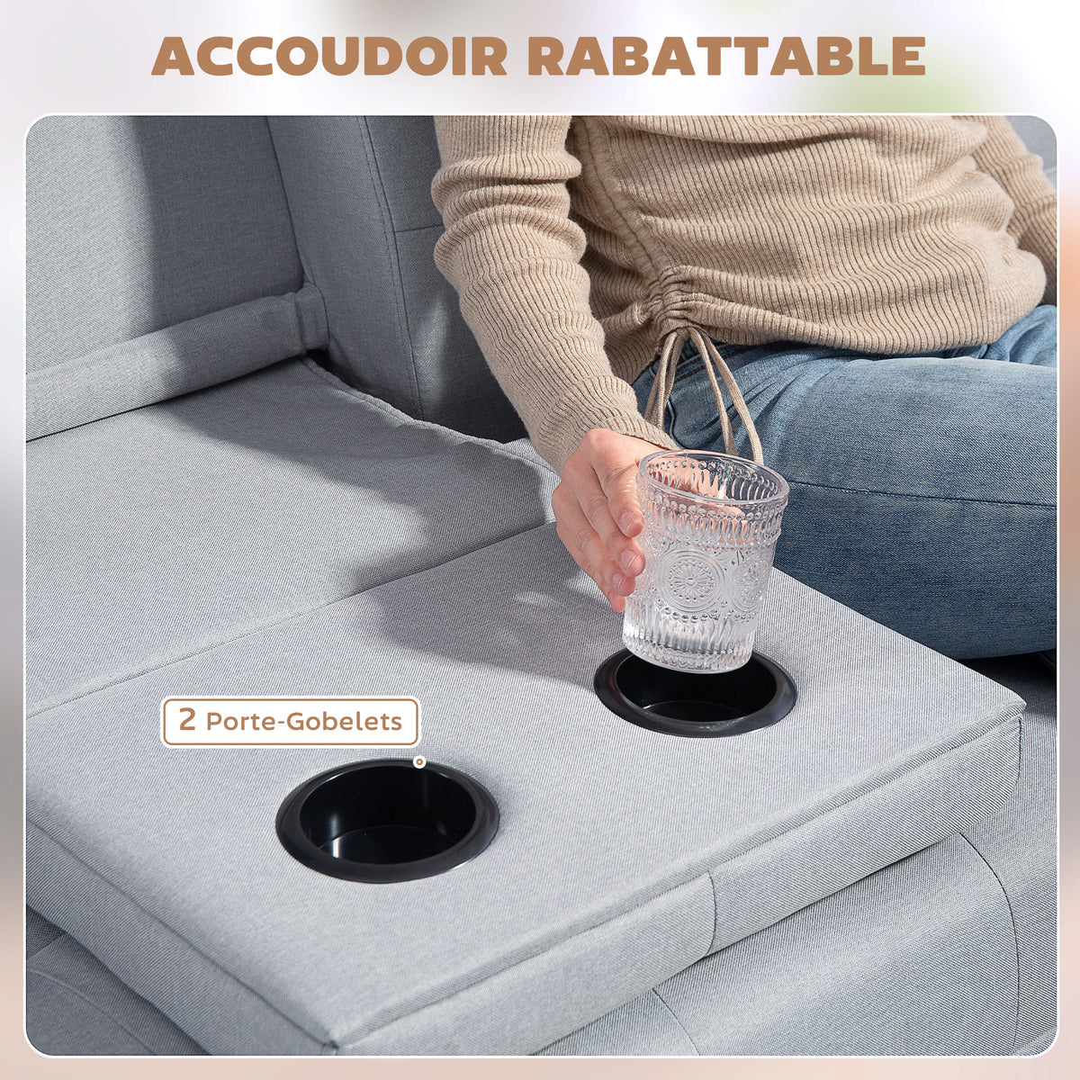 Canapé convertible 3 places, canapé-lit rembourré avec dossier réglable 3 niveaux, 2 coussins et 2 porte-gobelets intégrés, tissu de lin, pour salon, chambre d'amis, petit espace, gris clair-6