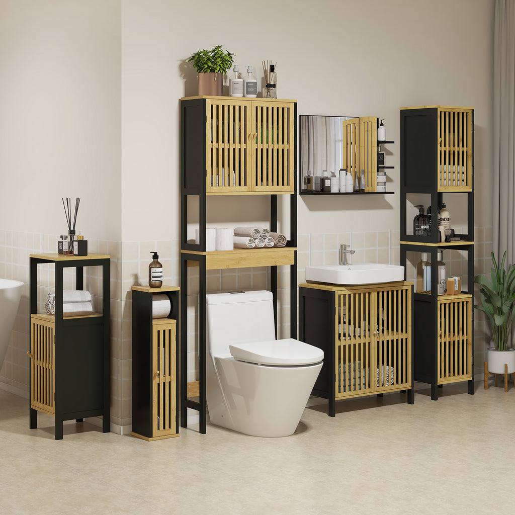 Étagère de toilettes meuble de salle de bain dessus toilette WC avec placard 2 portes et étagère ouverte bambou-8