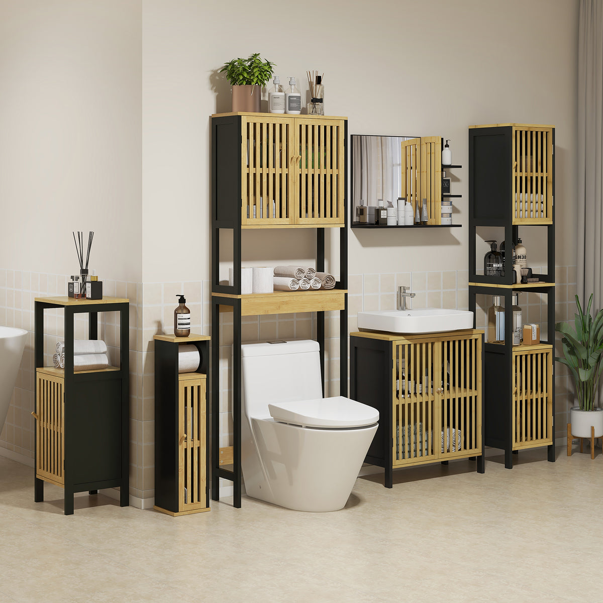 Étagère de toilettes meuble de salle de bain dessus toilette WC avec placard 2 portes et étagère ouverte bambou-8