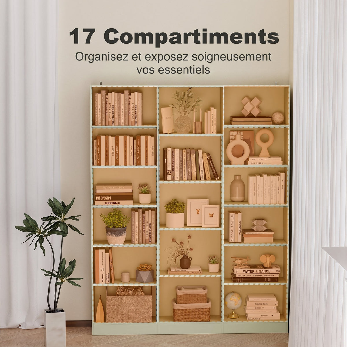 Bibliothèque 6 Niveaux, Étagère de Rangement avec 17 Compartiments et Étagères Réglables, 149 x 23,6 x 188 cm, Vert-3