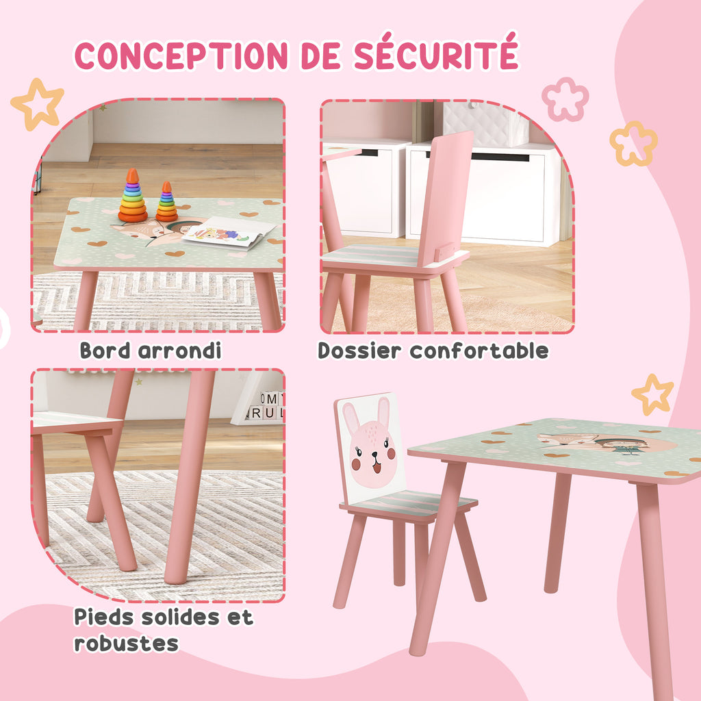 Ensemble table et chaises pour enfants, table pour enfant avec 2 chaises, motif animaux pour chambre à coucher rose-4