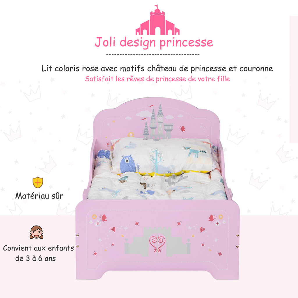 Lit Enfant 140 x 70 cm - lit d'enfant Design Princesse Motif château - sommier à Lattes Inclus - MDF Contre-plaqué Rose-3